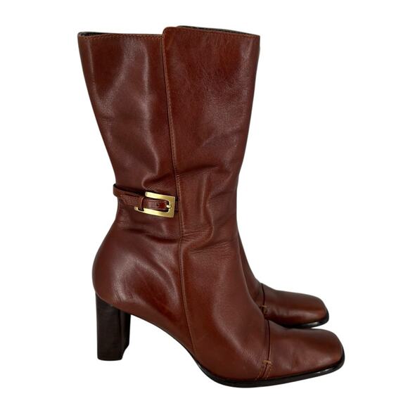 Anne Klein Mid Calf Leather Boots High Heel Brown Modern Classic Size 8M Luxury - Picture 1 of 15